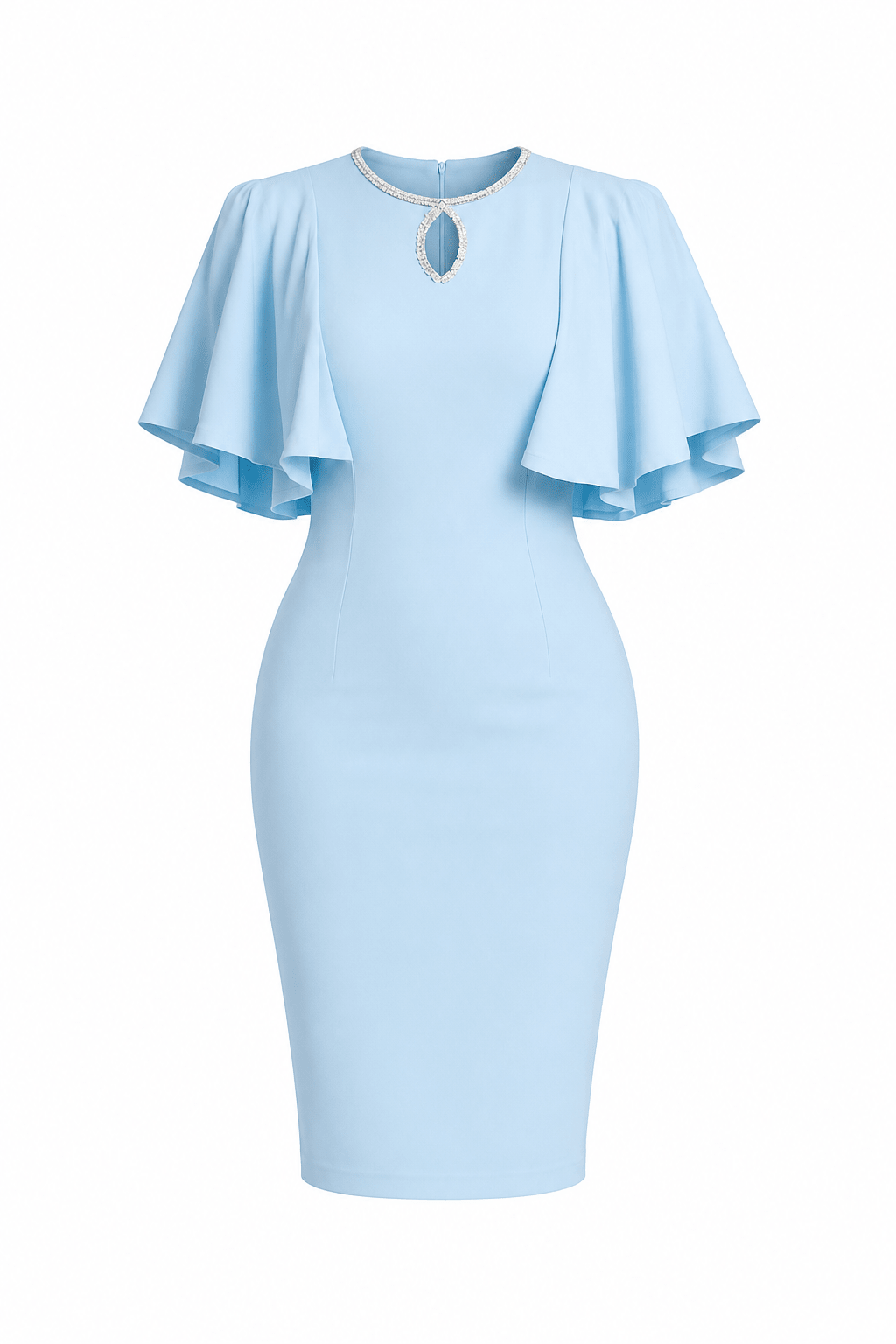 Luxury Rhinestone Keyhole Flutter Cape Sleeve Bodycon Midi Dress – Women's Elegant Occasion Dress - Midi Dresses - Cherubim Aura