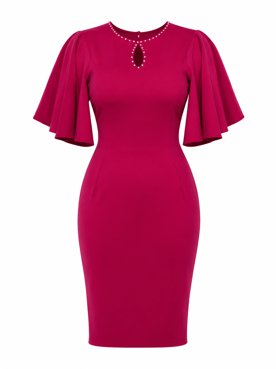 Luxury Rhinestone Keyhole Flutter Cape Sleeve Bodycon Midi Dress – Women's Elegant Occasion Dress - Midi Dresses - Cherubim Aura