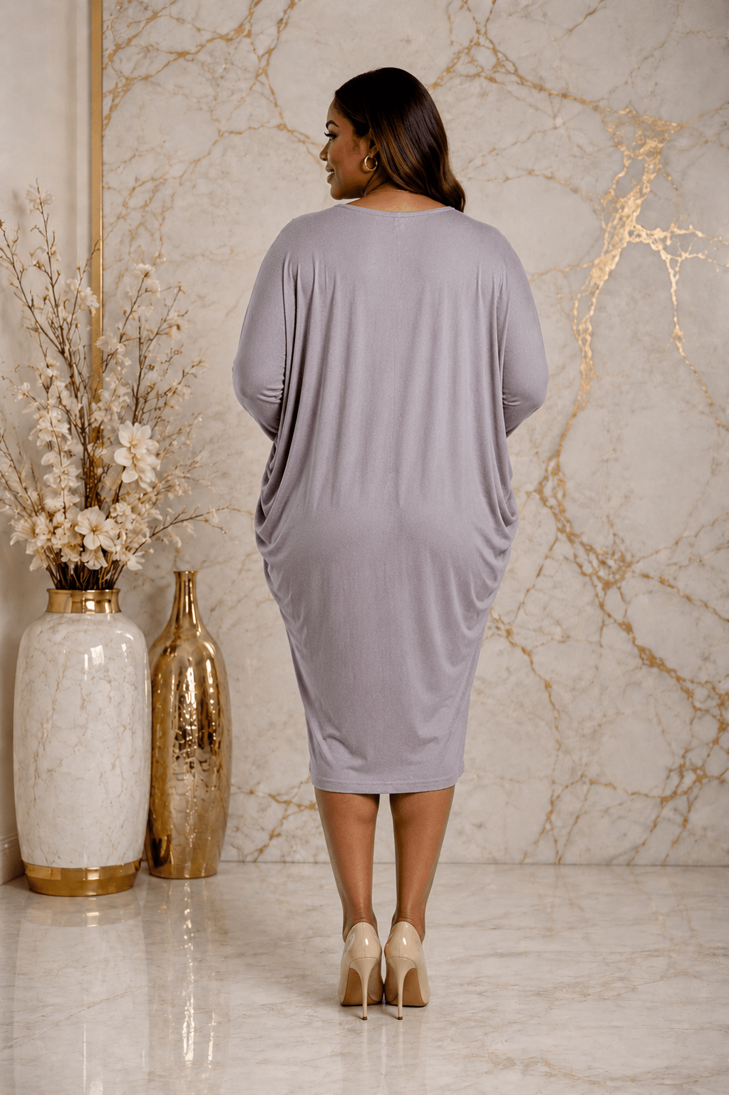 Luxury Rhinestone Shoulder Batwing Sleeve Draped Midi Dress – Women's Elegant Casual Dress - Midi Dresses - Cherubim Aura