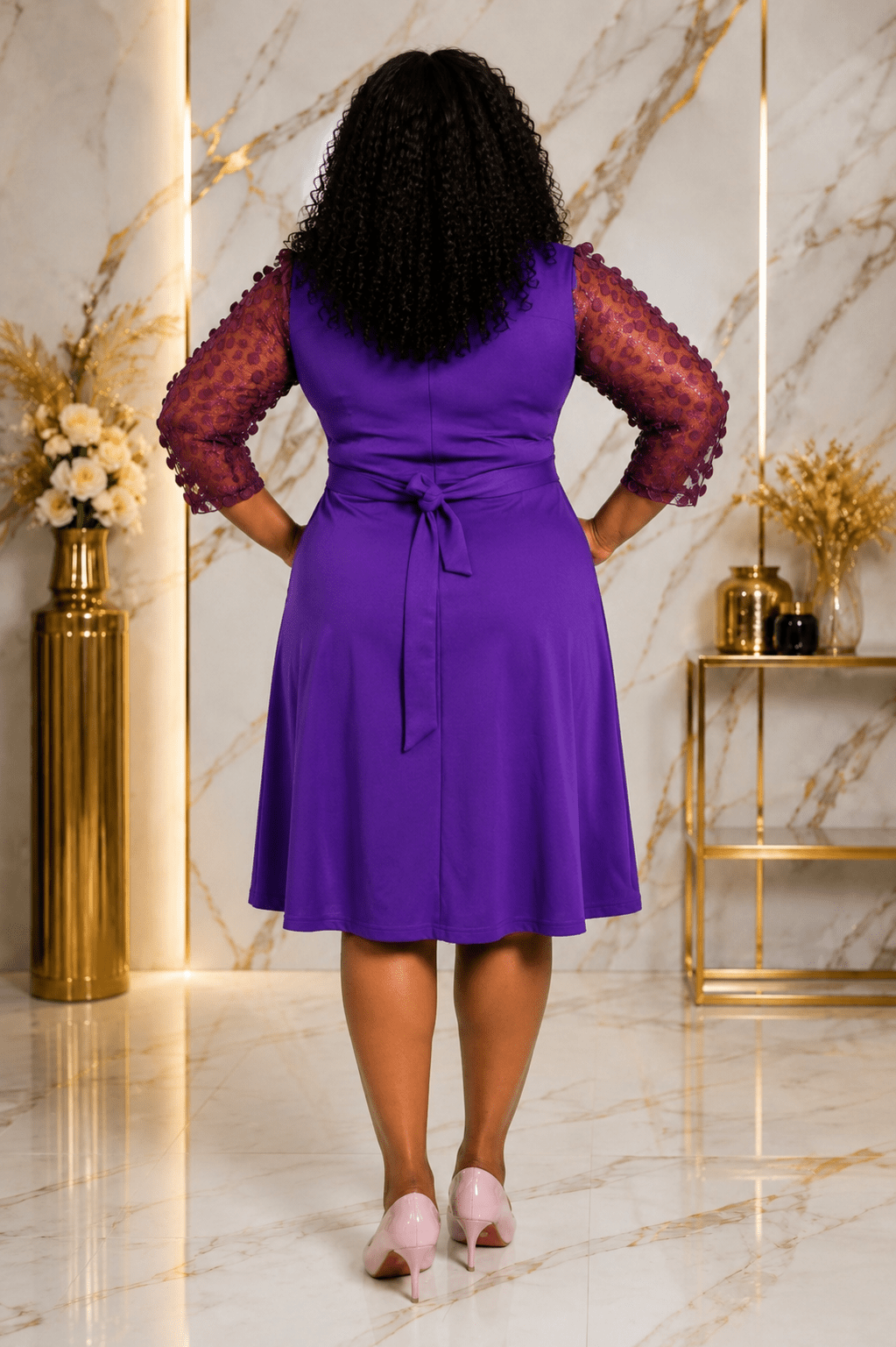 Luxury Surplice Wrap A-Line Knee-Length Dress with Sheer Pom-Pom Mesh Sleeves – Women's Elegant Party & Church Dress - Midi Dresses - Cherubim Aura