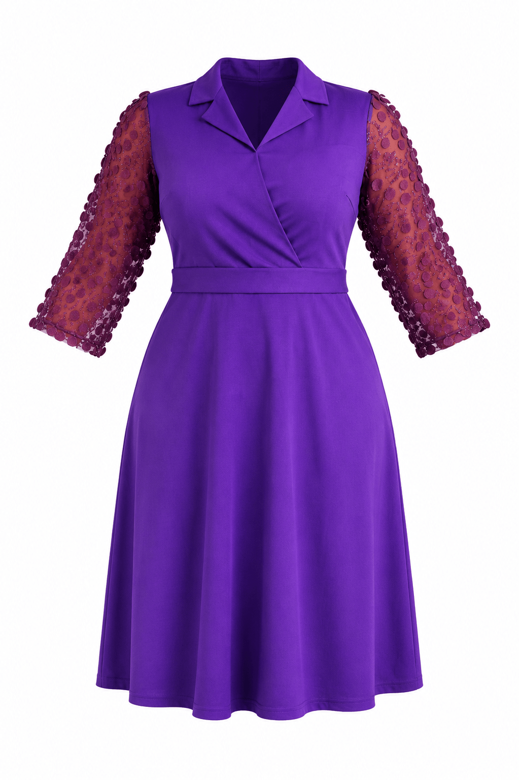 Luxury Surplice Wrap A-Line Knee-Length Dress with Sheer Pom-Pom Mesh Sleeves – Women's Elegant Party & Church Dress - Midi Dresses - Cherubim Aura