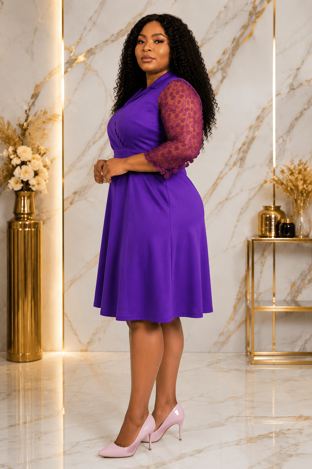 Luxury Surplice Wrap A-Line Knee-Length Dress with Sheer Pom-Pom Mesh Sleeves – Women's Elegant Party & Church Dress - Midi Dresses - Cherubim Aura