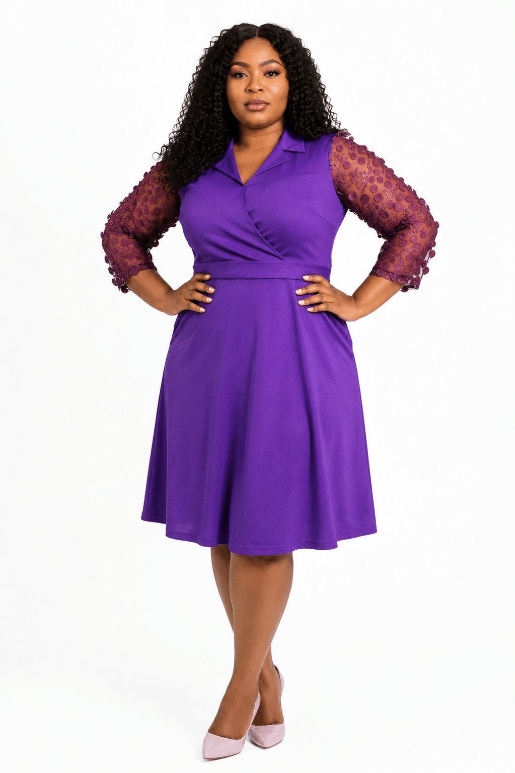 Luxury Surplice Wrap A-Line Knee-Length Dress with Sheer Pom-Pom Mesh Sleeves – Women's Elegant Party & Church Dress - Midi Dresses - Cherubim Aura