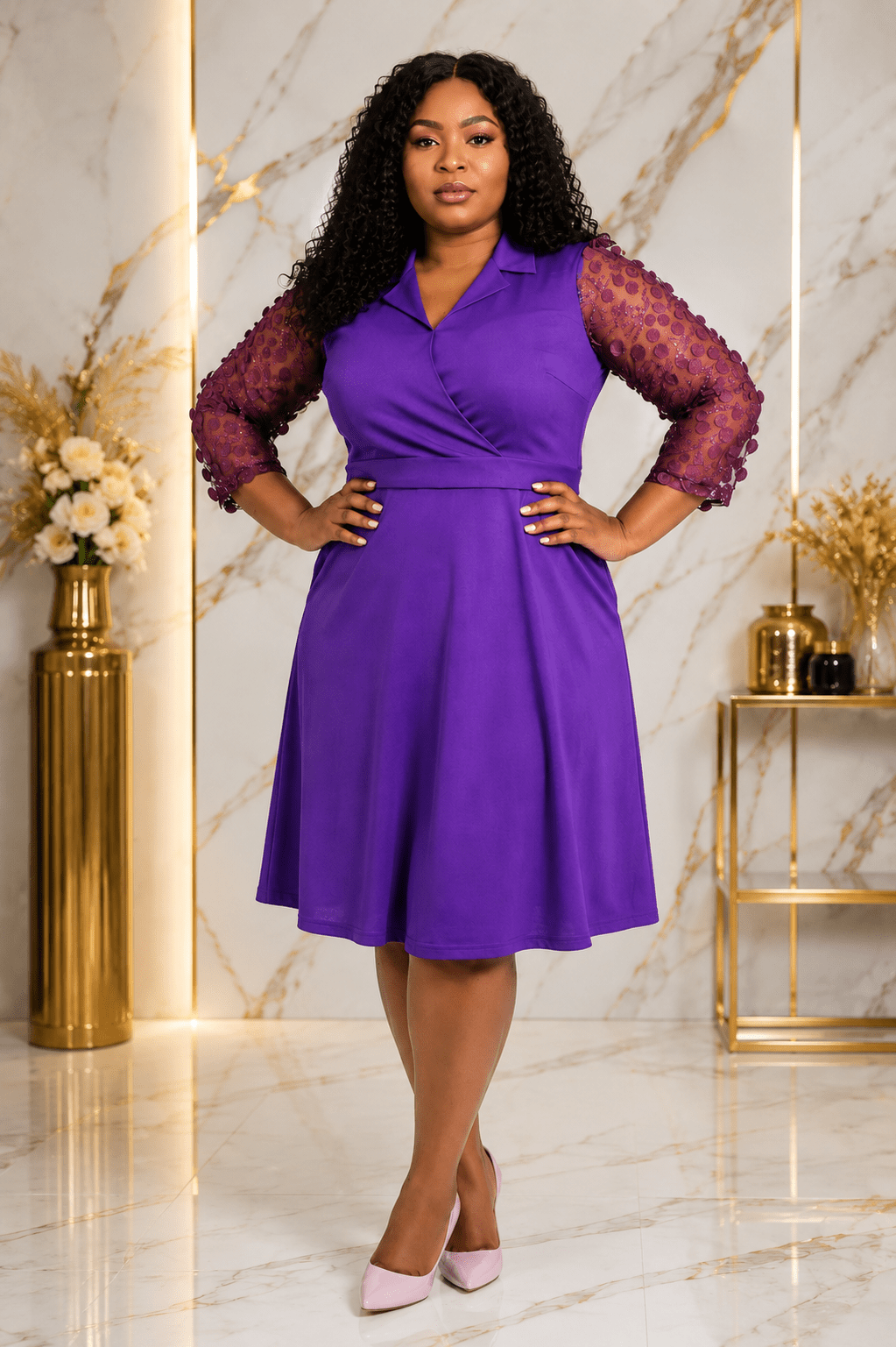 Luxury Surplice Wrap A-Line Knee-Length Dress with Sheer Pom-Pom Mesh Sleeves – Women's Elegant Party & Church Dress - Midi Dresses - Cherubim Aura