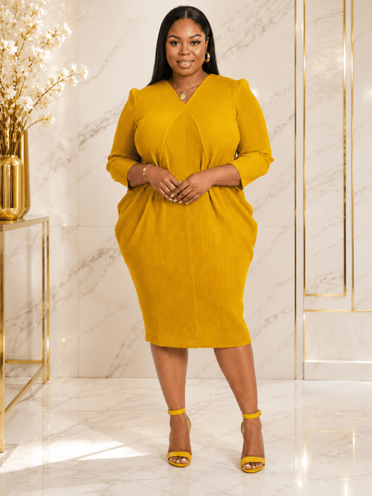 Luxury Textured Plissé Draped Midi Dress with V-Neck – Women's Elegant Occasion Dress - One Size - Midi Dresses - Cherubim Aura