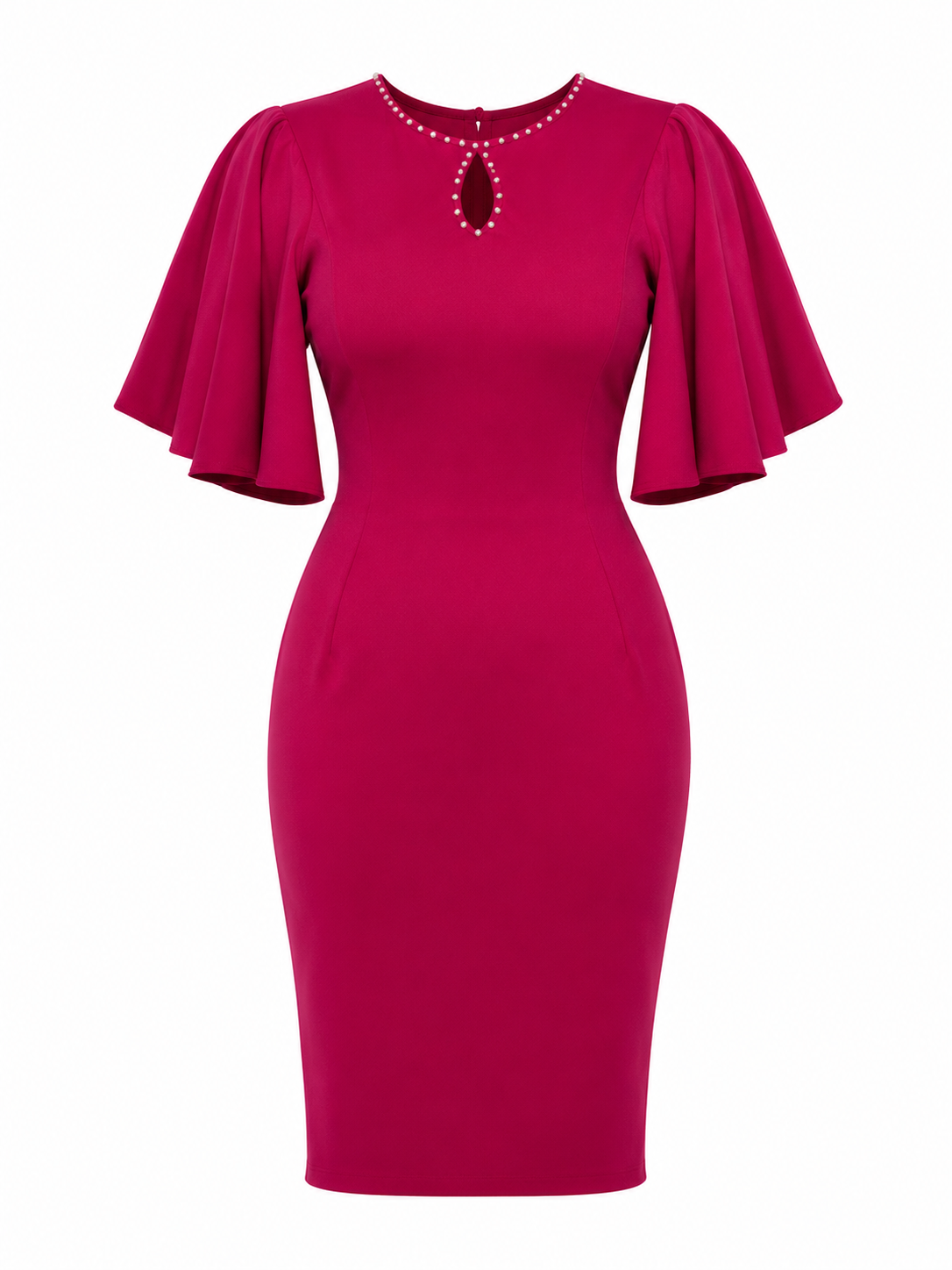 Luxury Rhinestone Keyhole Flutter Cape Sleeve Bodycon Midi Dress – Women's Elegant Occasion Dress