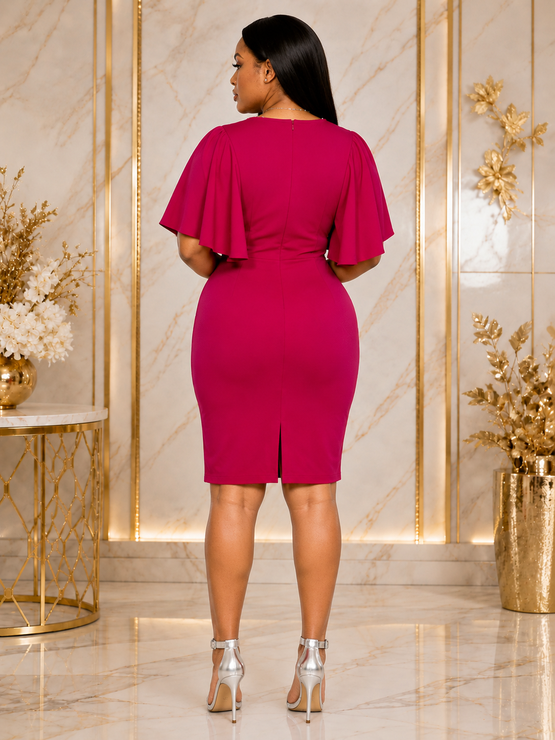 Luxury Rhinestone Keyhole Flutter Cape Sleeve Bodycon Midi Dress – Women's Elegant Occasion Dress