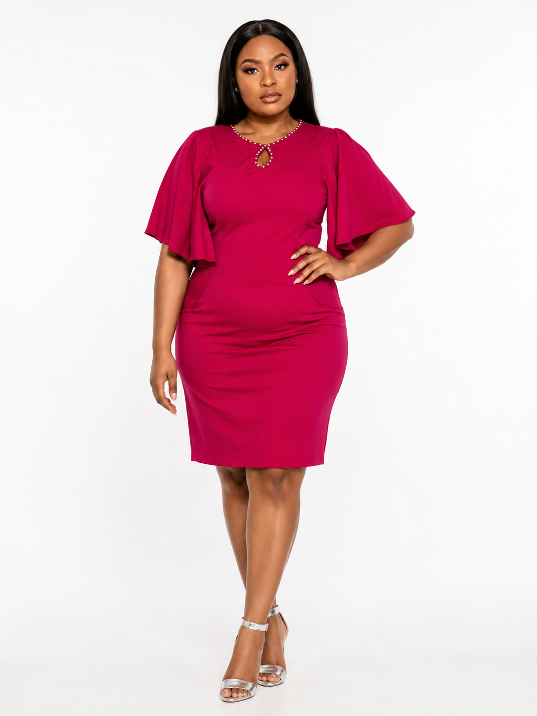 Luxury Rhinestone Keyhole Flutter Cape Sleeve Bodycon Midi Dress – Women's Elegant Occasion Dress