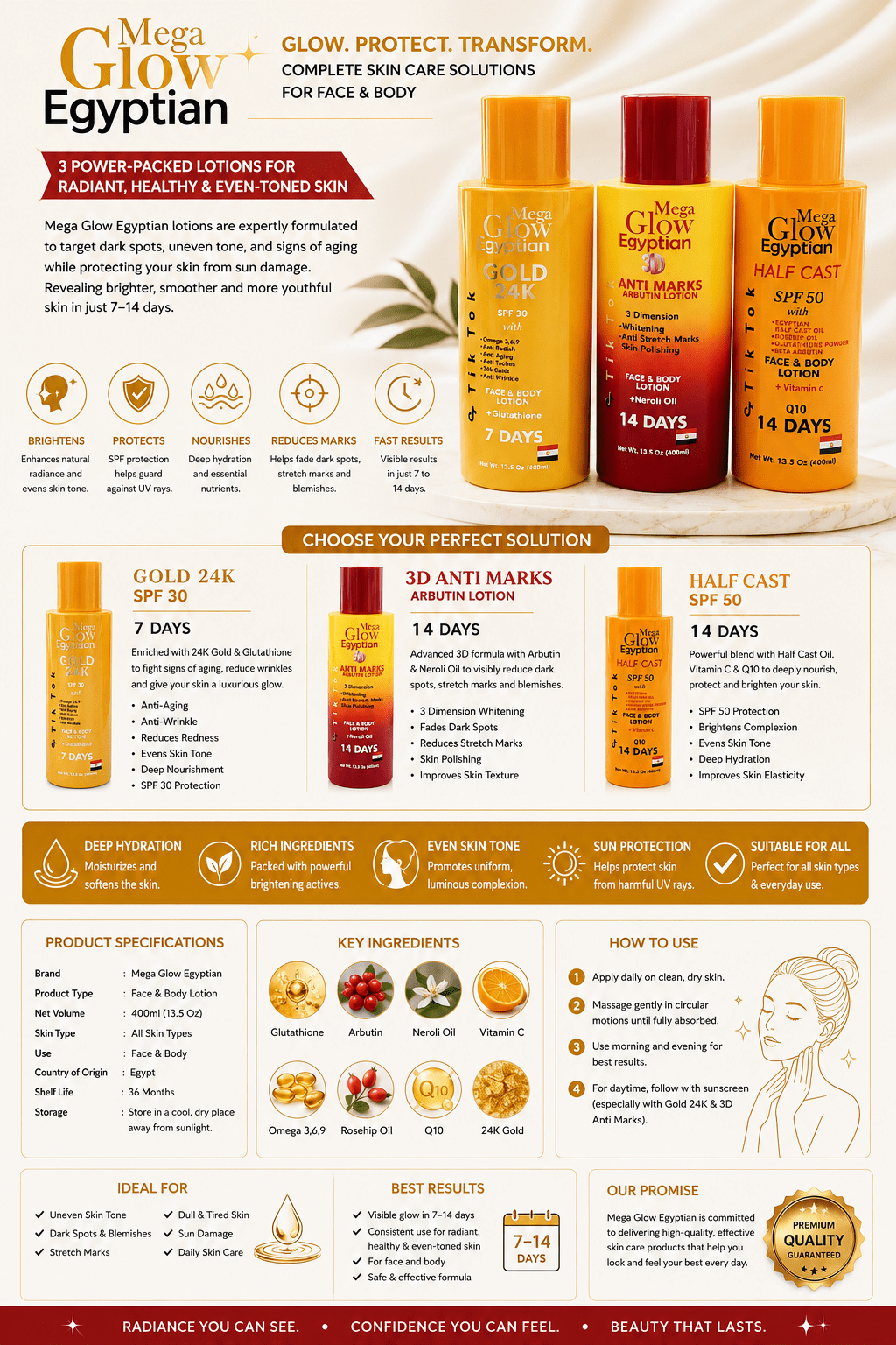 Mega Glow Egyptian Face & Body Lotion – Hydrating & Radiance Boosting Formula (400ml) - Body Lotion - Cherubim Aura
