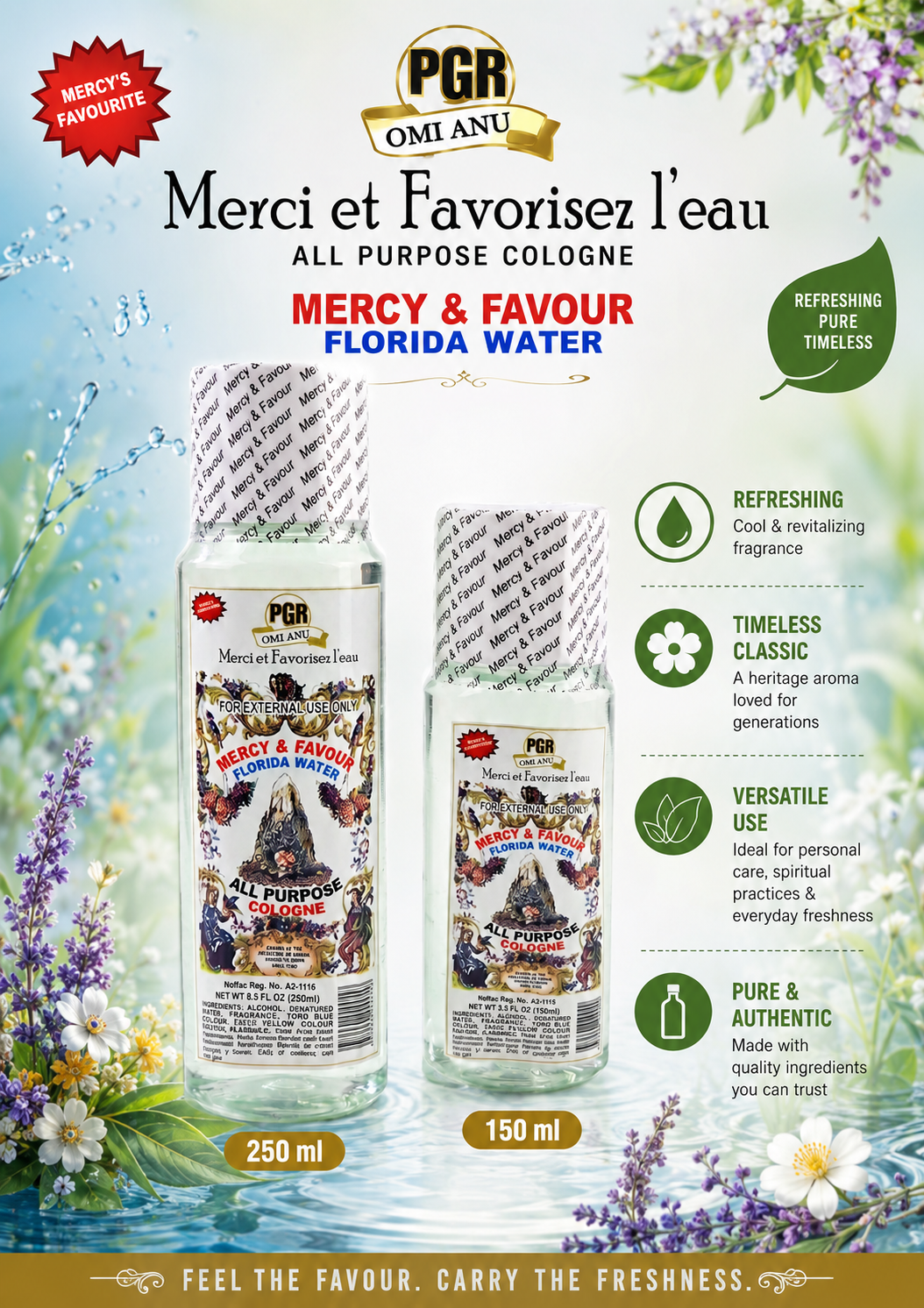 Mercy & Favour Florida Water All Purpose Cologne | Spiritual Cleansing & Refreshing Cologne | 250ml & 150ml - Perfume - Cherubim Aura