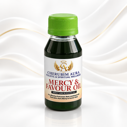 A bottle of Cherubim Aura Mercy & Favour Oil with a bright green cap and a white label, set against a clean white background with elegant gold wavy lines.