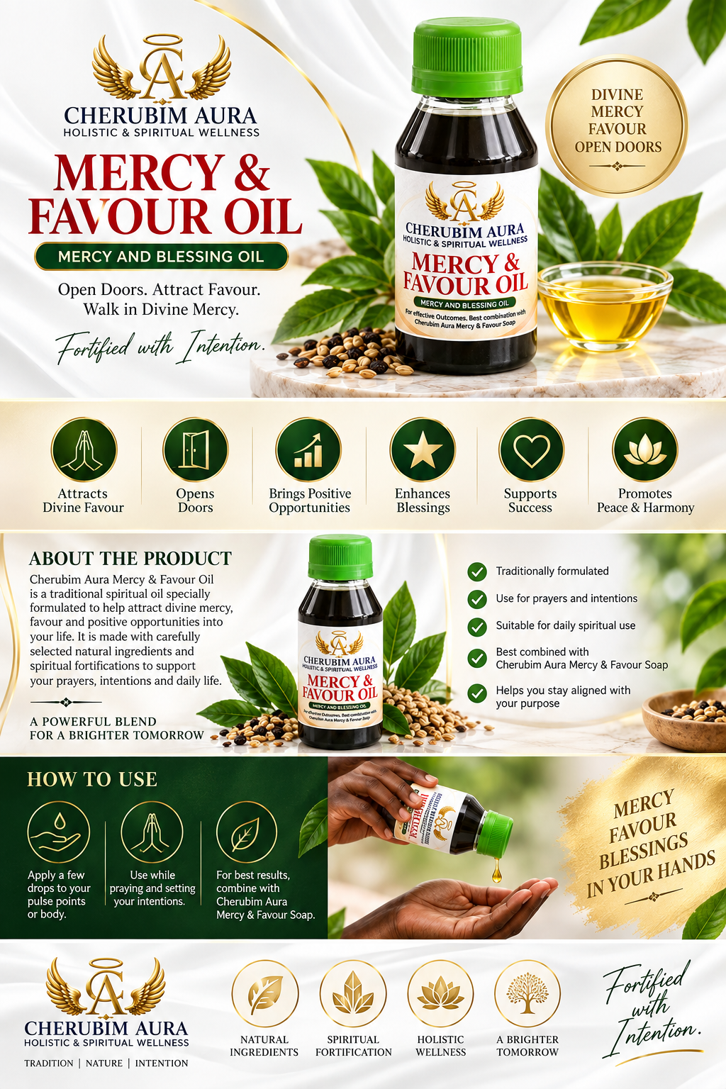 A promotional infographic for Cherubim Aura Mercy & Favour Oil, featuring product bottles, a glass of oil, a bowl of herbs, and detailed text sections on how to use the oil, along with product benefits and a gold seal.