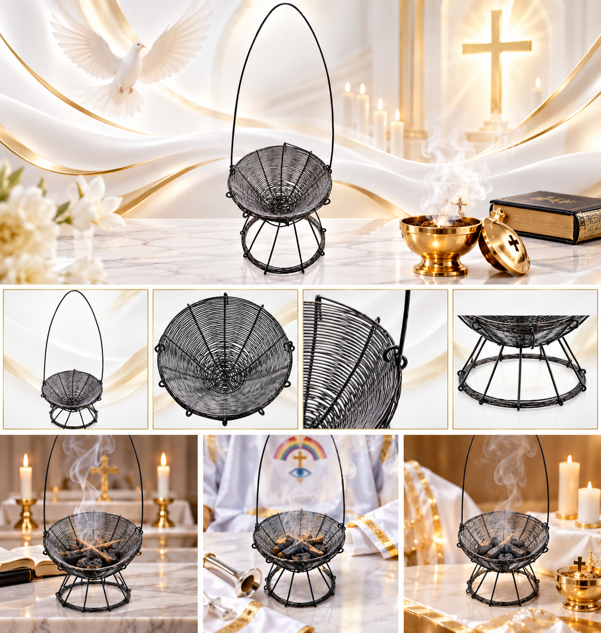 A collage showing a black metal hanging incense burner from multiple angles, styled in a warm, liturgical setting with candles, a gold incense bowl, incense sticks, a cross, and a dove.