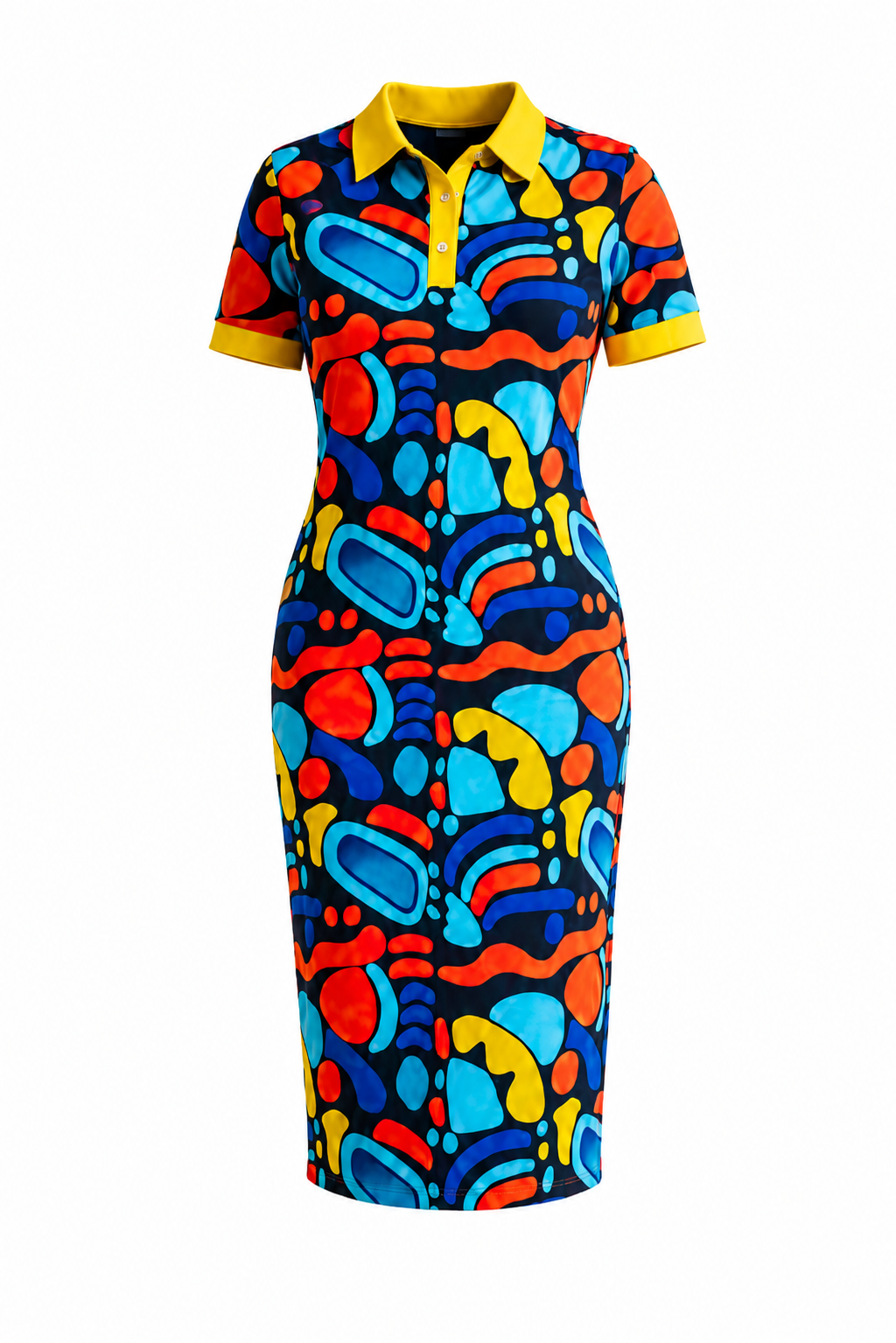 Luxury Abstract Geometric Print Collared Midi Dress – Women's Short Sleeve Casual Bodycon Dress