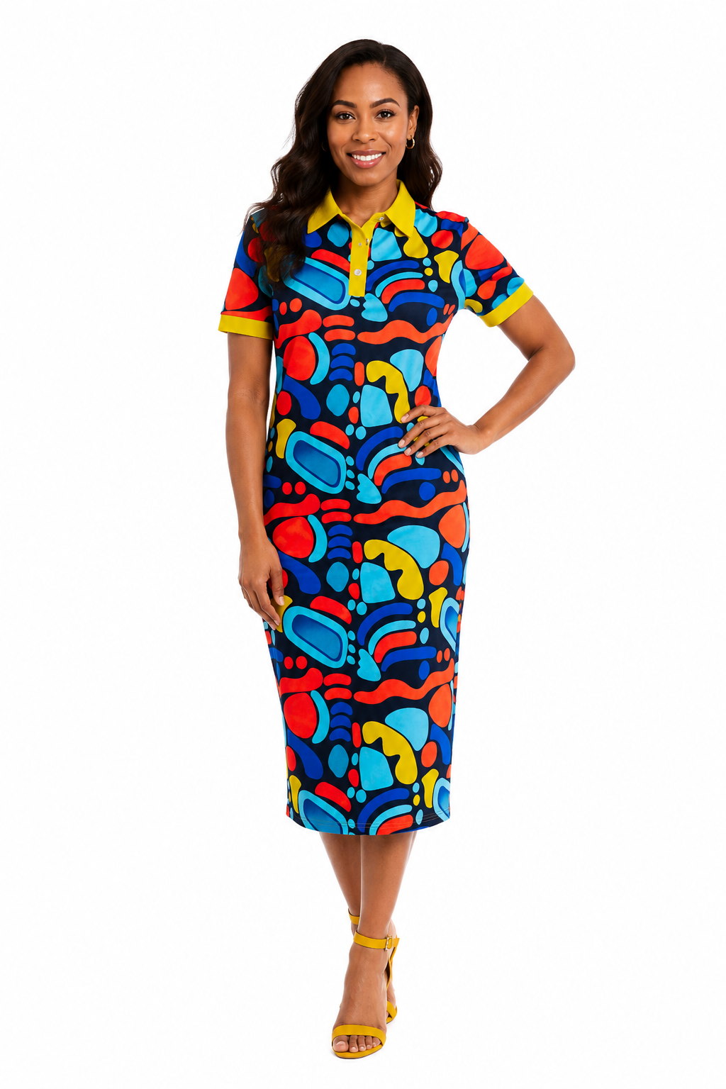 Luxury Abstract Geometric Print Collared Midi Dress – Women's Short Sleeve Casual Bodycon Dress