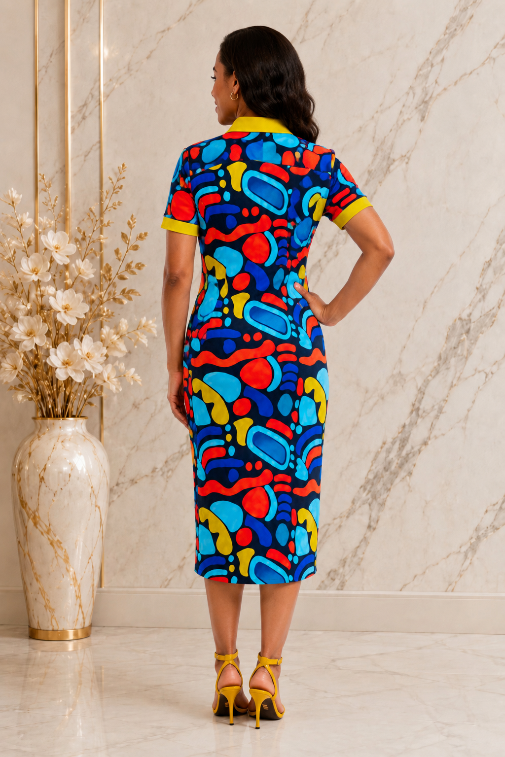 Luxury Abstract Geometric Print Collared Midi Dress – Women's Short Sleeve Casual Bodycon Dress