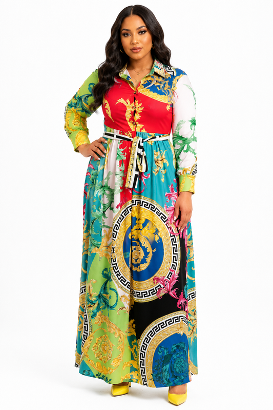 Multi-Colour Baroque Maxi Dress | Collared Button Long Sleeve Women’s Dress - Maxi Dress - Cherubim Aura