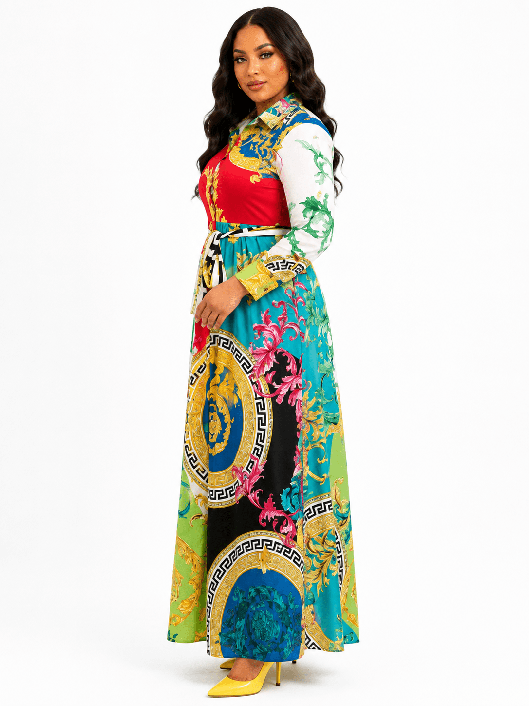 Multi-Colour Baroque Maxi Dress | Collared Button Long Sleeve Women’s Dress - Maxi Dress - Cherubim Aura