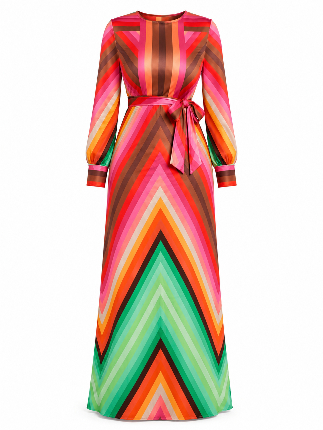 A long-sleeve maxi dress with a vibrant chevron pattern in pink, orange, green, and brown, featuring a matching tie belt at the waist, shown against a plain white background.