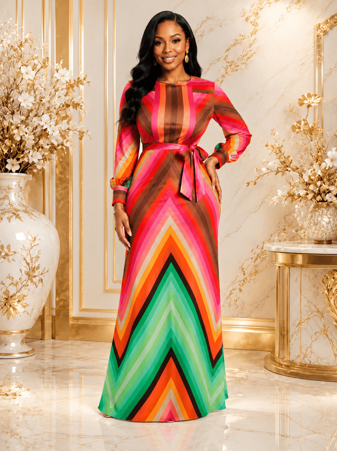 Multi-Colour Chevron Stripe Maxi Dress | Long Sleeve Belted Women’s Dress - Maxi Dress - Cherubim Aura