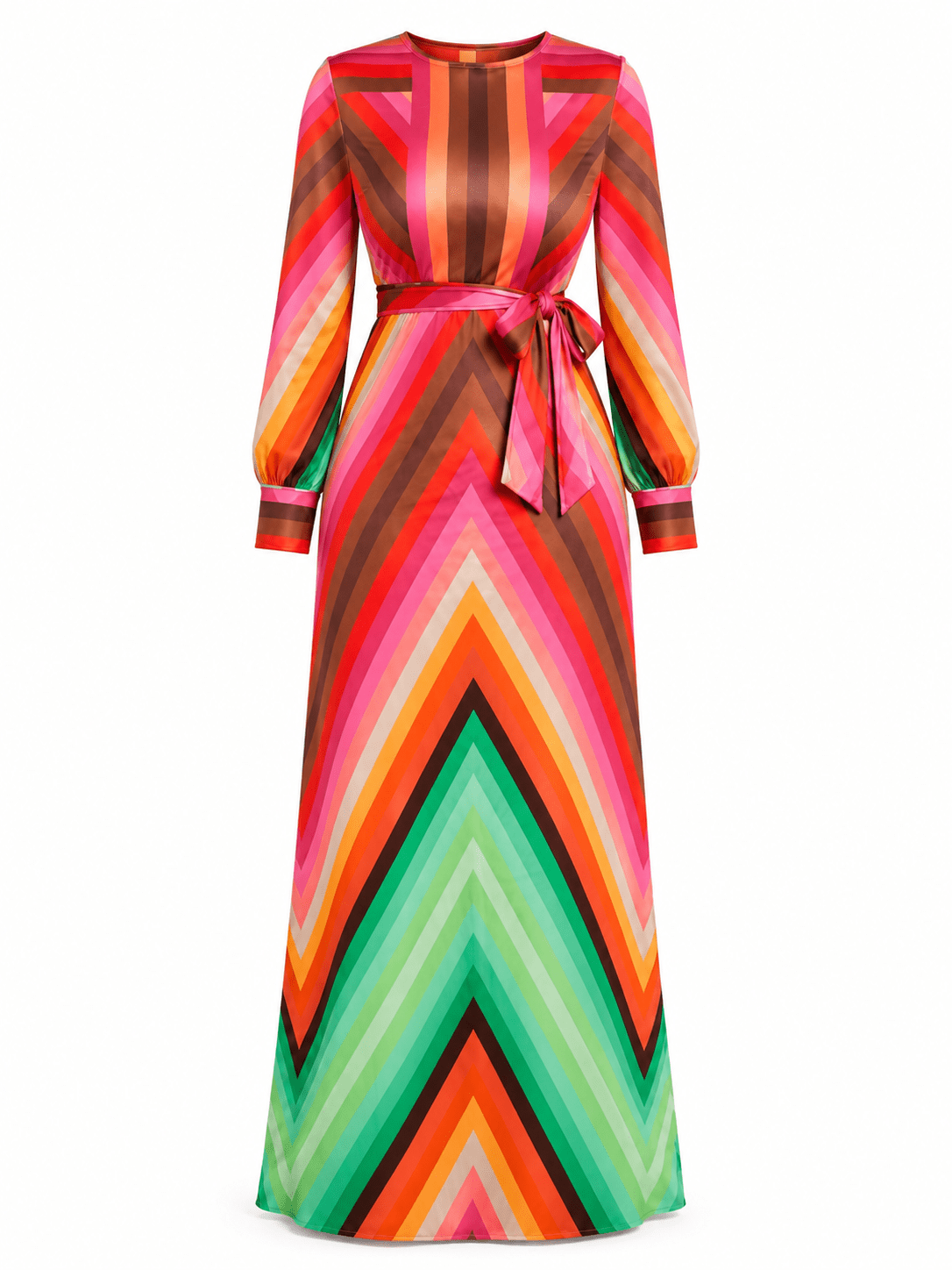 Multi-Colour Chevron Stripe Maxi Dress | Long Sleeve Belted Women’s Dress - Maxi Dress - Cherubim Aura