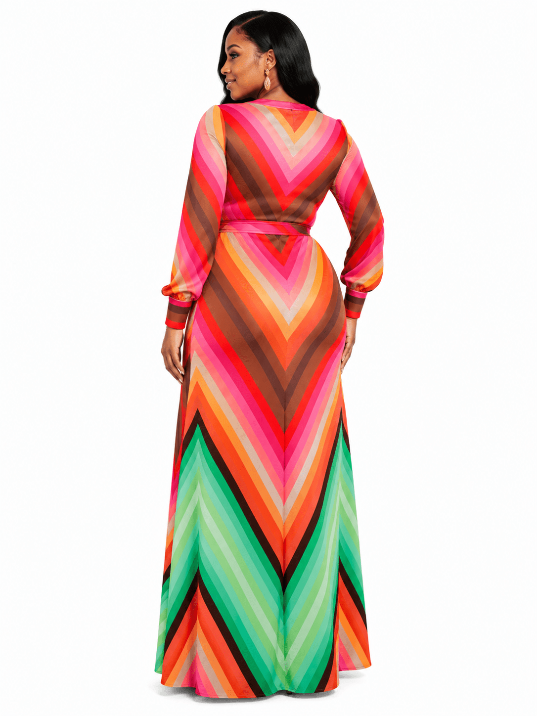 Multi-Colour Chevron Stripe Maxi Dress | Long Sleeve Belted Women’s Dress - Maxi Dress - Cherubim Aura