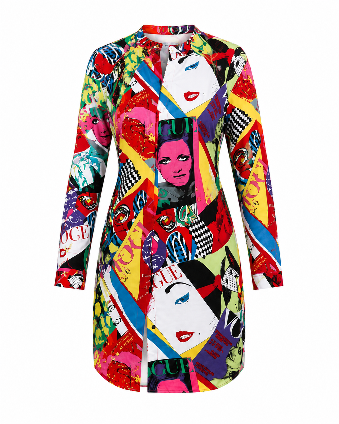 Women's Multicolor Pop Art Graphic Print Mini Shirt Dress – Long Sleeve Button Front Casual Fashion Dress