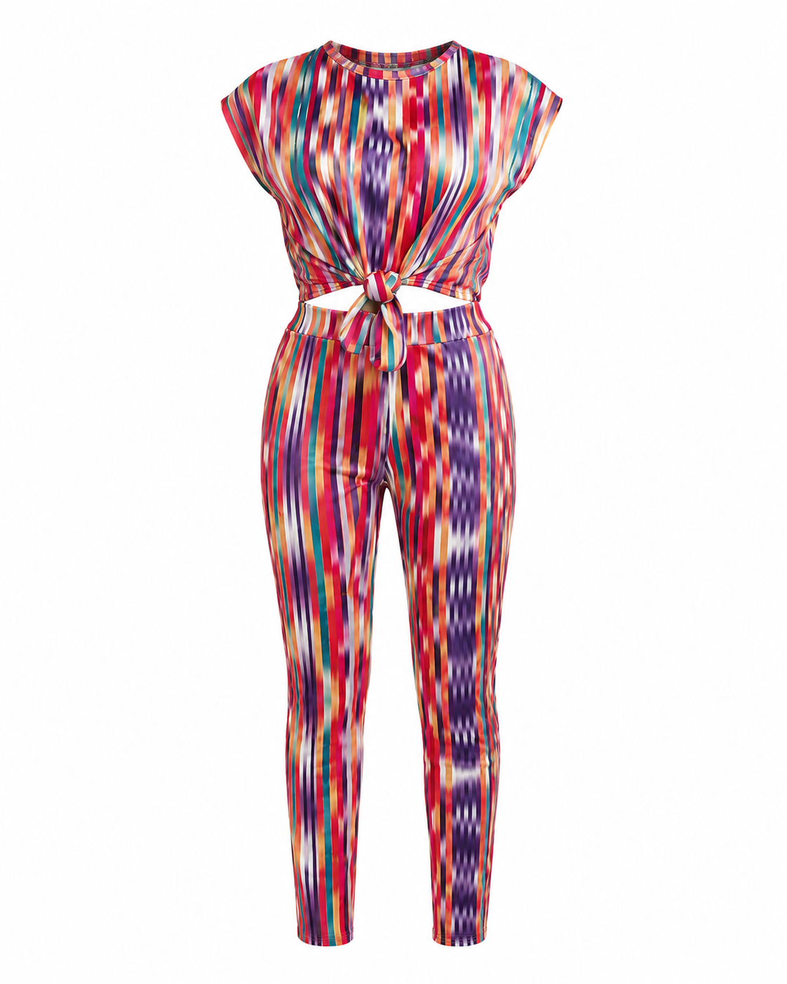 Women's Multicolour Abstract Print Two Piece Trouser Set – Front Knot Crop Top & High Waist Pants Co-Ord Outfit