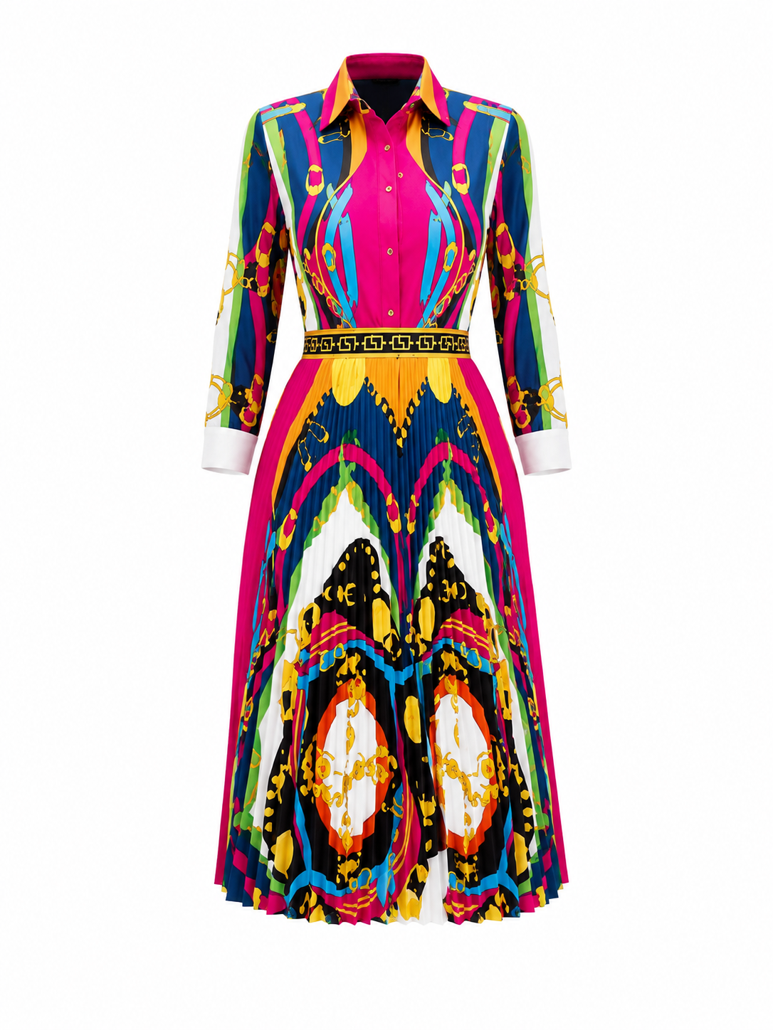 Women's Multicolour Baroque Print Two-Piece Pleated Skirt Set | Long Sleeve Button Shirt & Pleated Midi Skirt