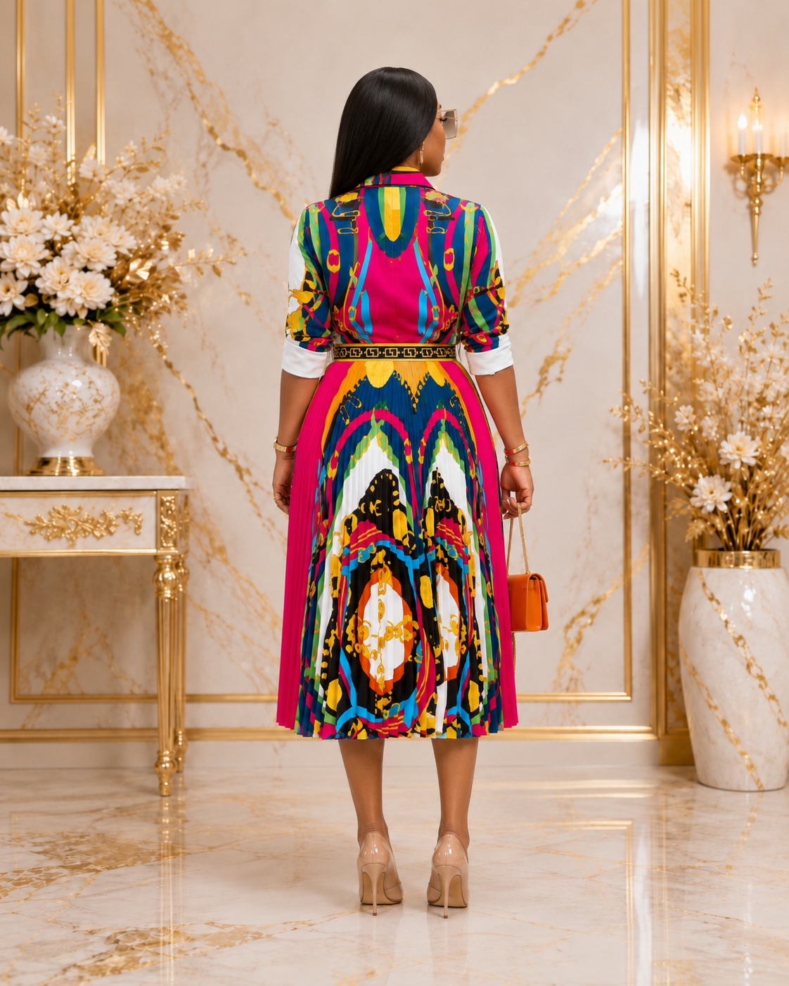 Women's Multicolour Baroque Print Two-Piece Pleated Skirt Set | Long Sleeve Button Shirt & Pleated Midi Skirt