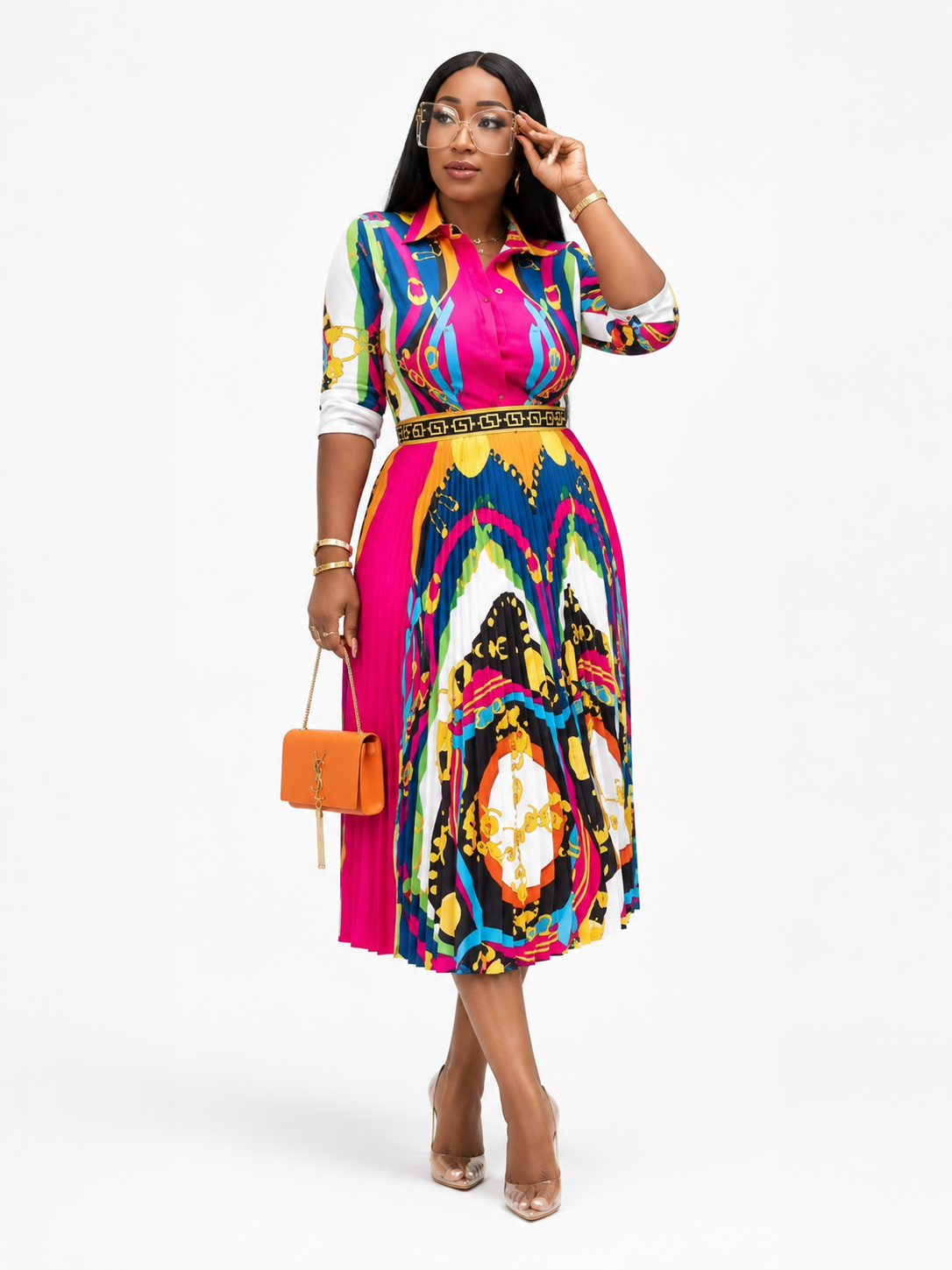 Women's Multicolour Baroque Print Two-Piece Pleated Skirt Set | Long Sleeve Button Shirt & Pleated Midi Skirt