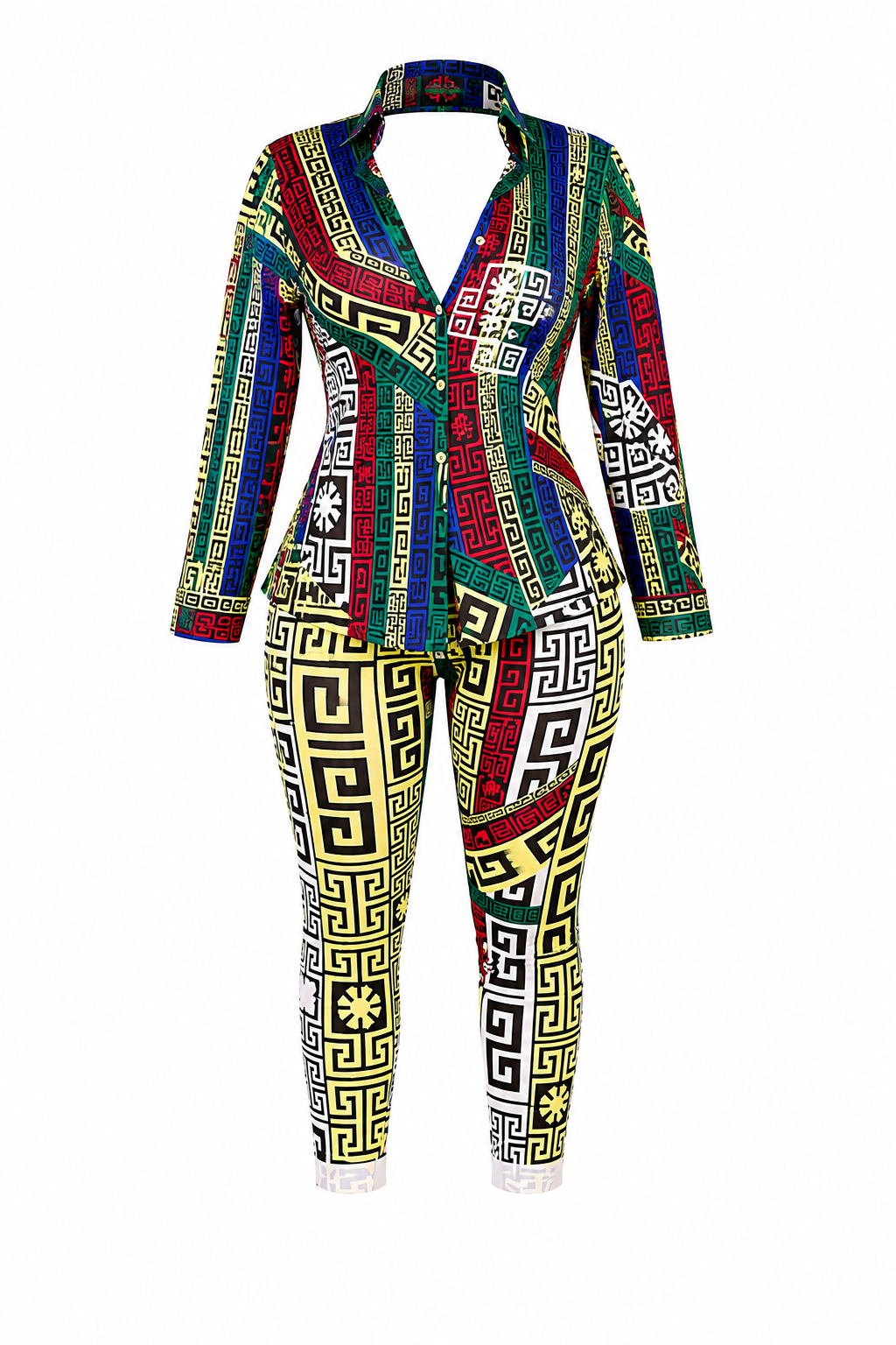 A two-piece matching set featuring a long-sleeve wrap blazer and slim-fit pants with a bold multicolor Greek key pattern in red, green, yellow, black, and white, displayed on a white background.