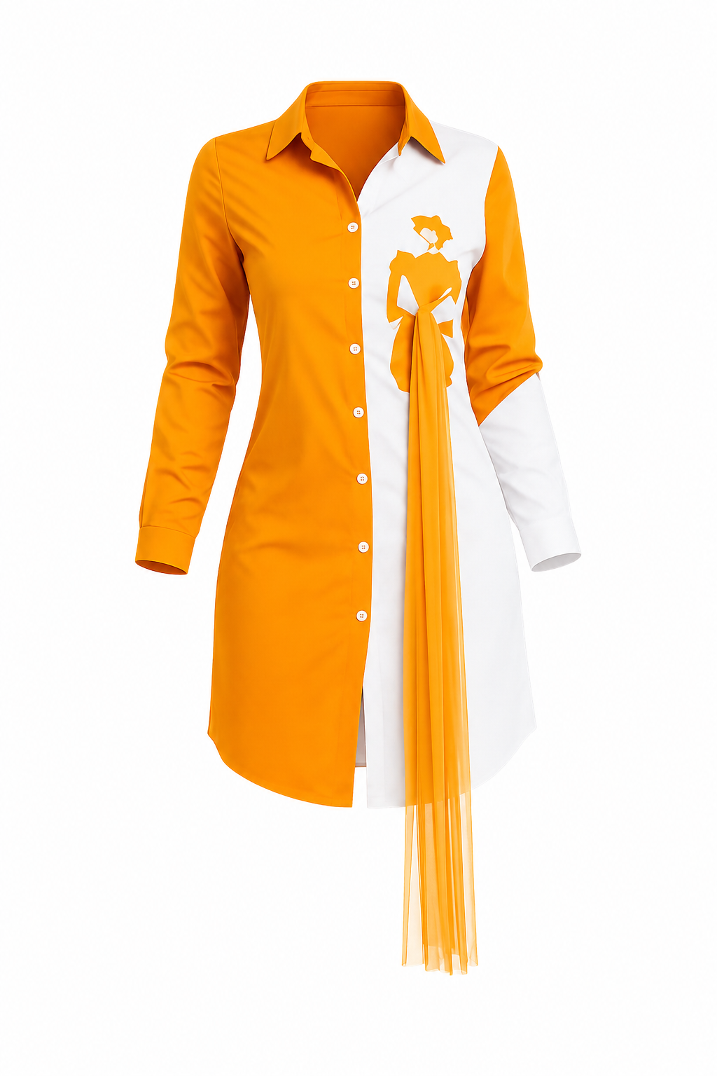A long-sleeve button-front shirt dress in bright orange and white, featuring a stylized orange graphic of a woman on the white side and a matching sheer orange pleated tie detail hanging from the chest.