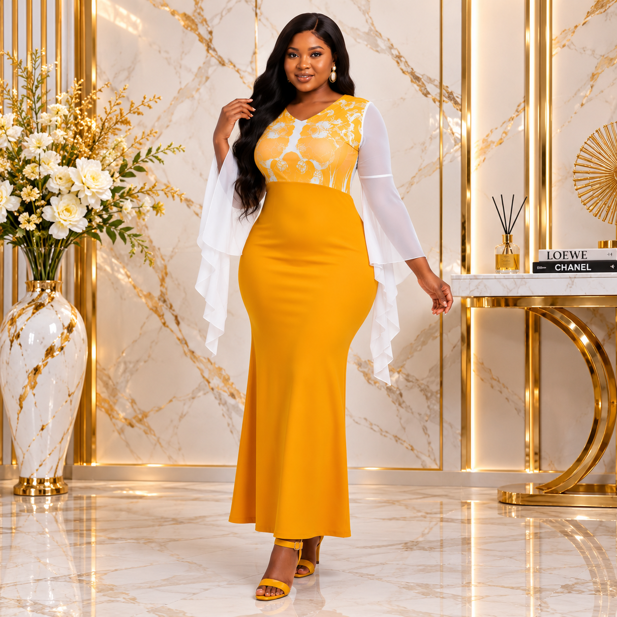 Women's Mustard Yellow Floral Bodice Maxi Dress – Long Sleeve V-Neck Straight Maxi Dress