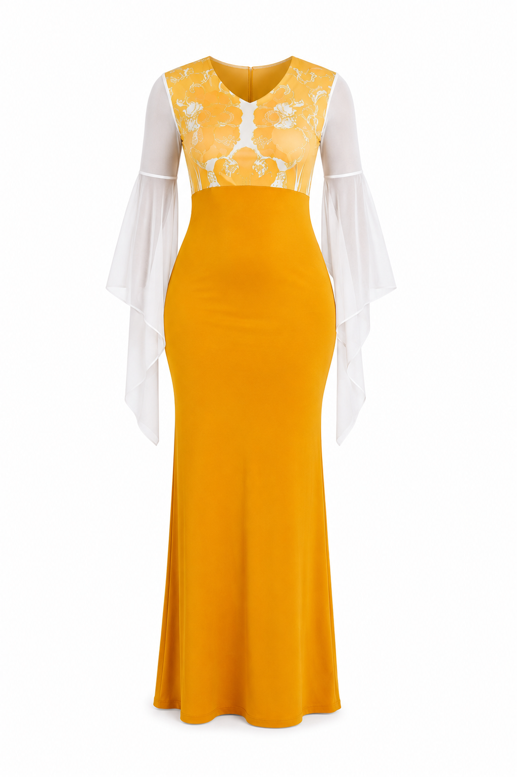 Women's Mustard Yellow Floral Bodice Maxi Dress – Long Sleeve V-Neck Straight Maxi Dress