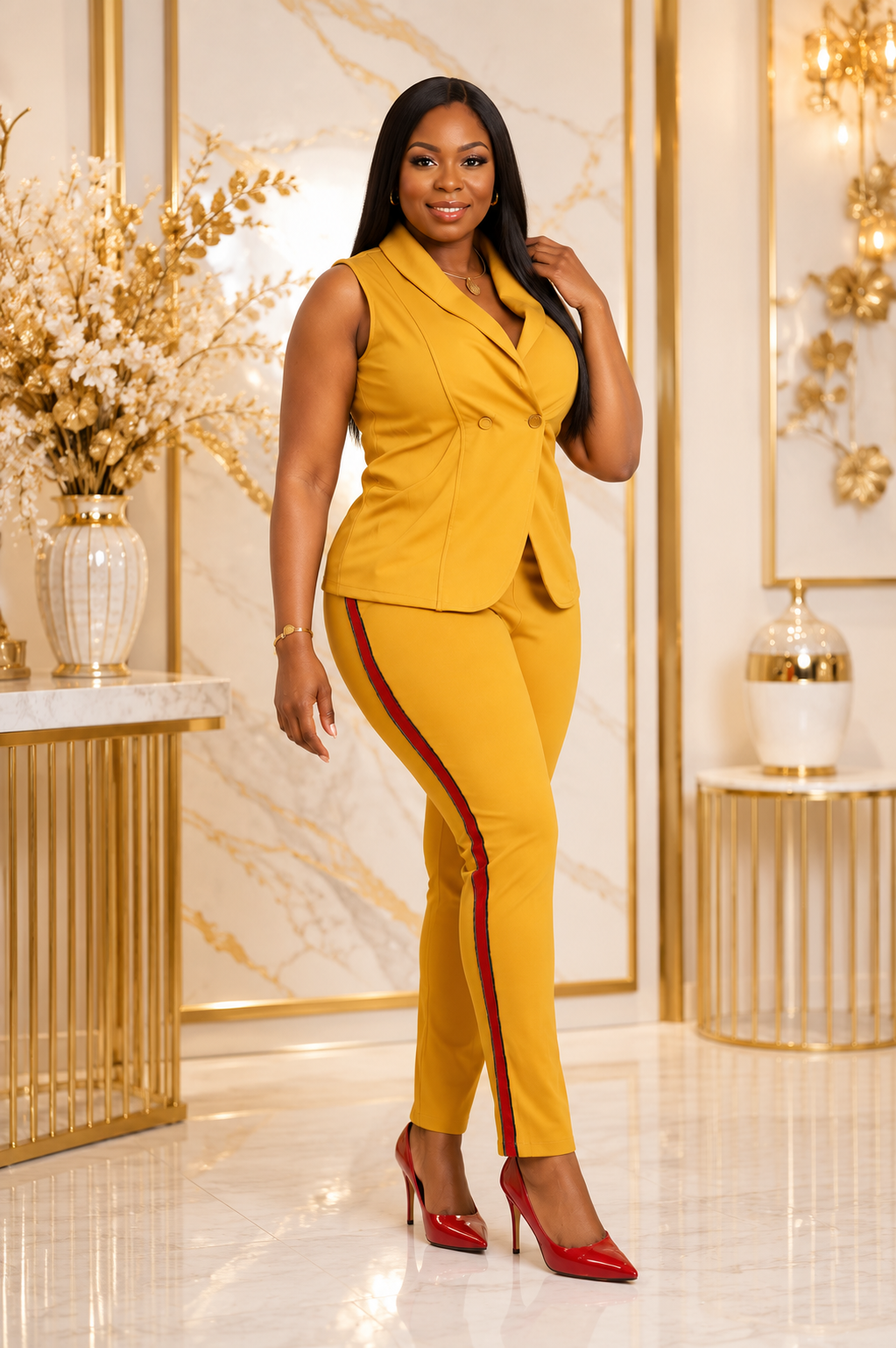 A woman modeling a mustard yellow two-piece suit with red side stripes, consisting of a sleeveless blazer and matching trousers, paired with red high heels in a luxurious gold and cream interior setting.