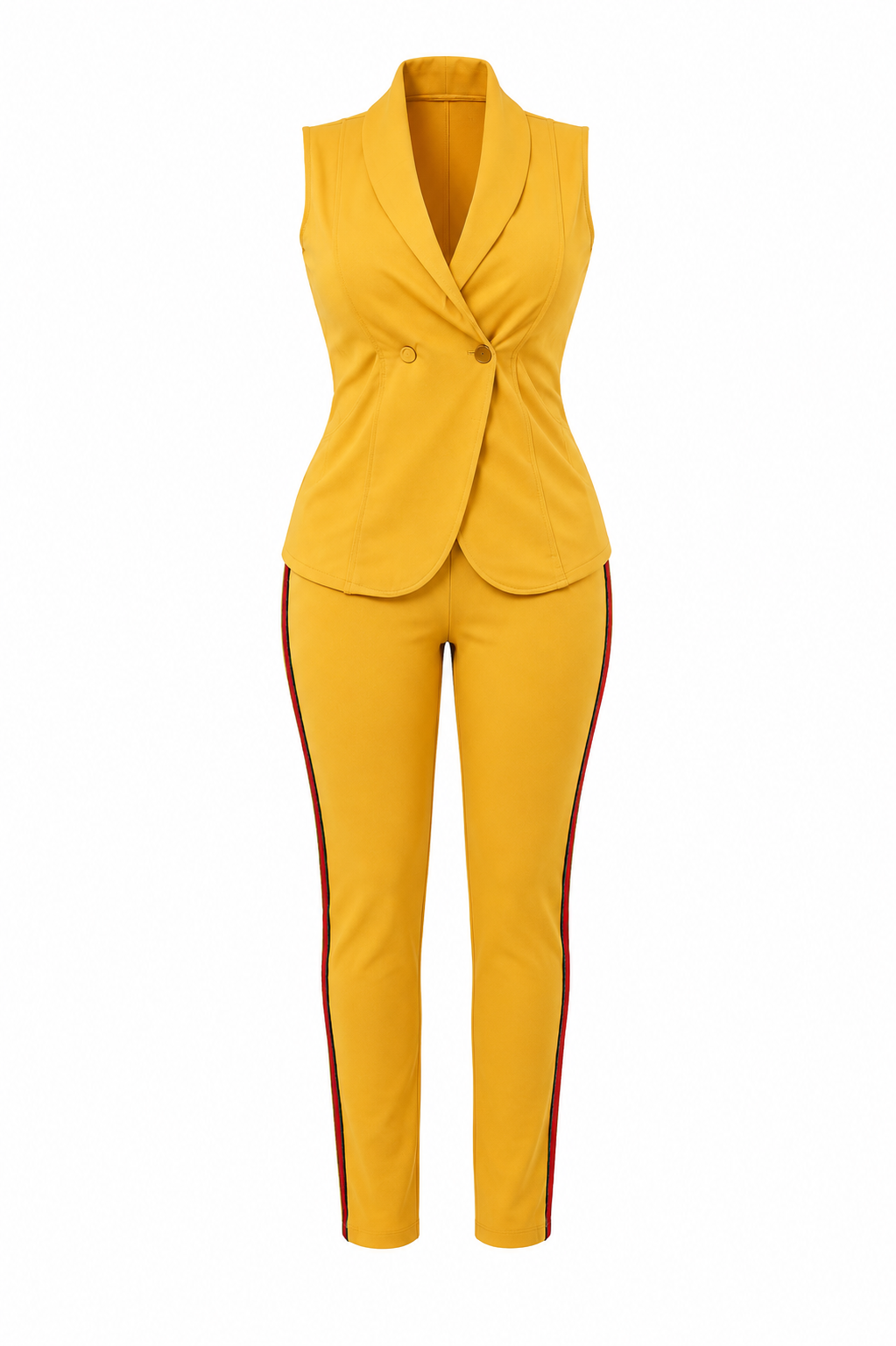 A yellow two-piece suit set consisting of a sleeveless wrap-style blazer and matching slim-fit trousers with red side stripes, shown on a plain white background.
