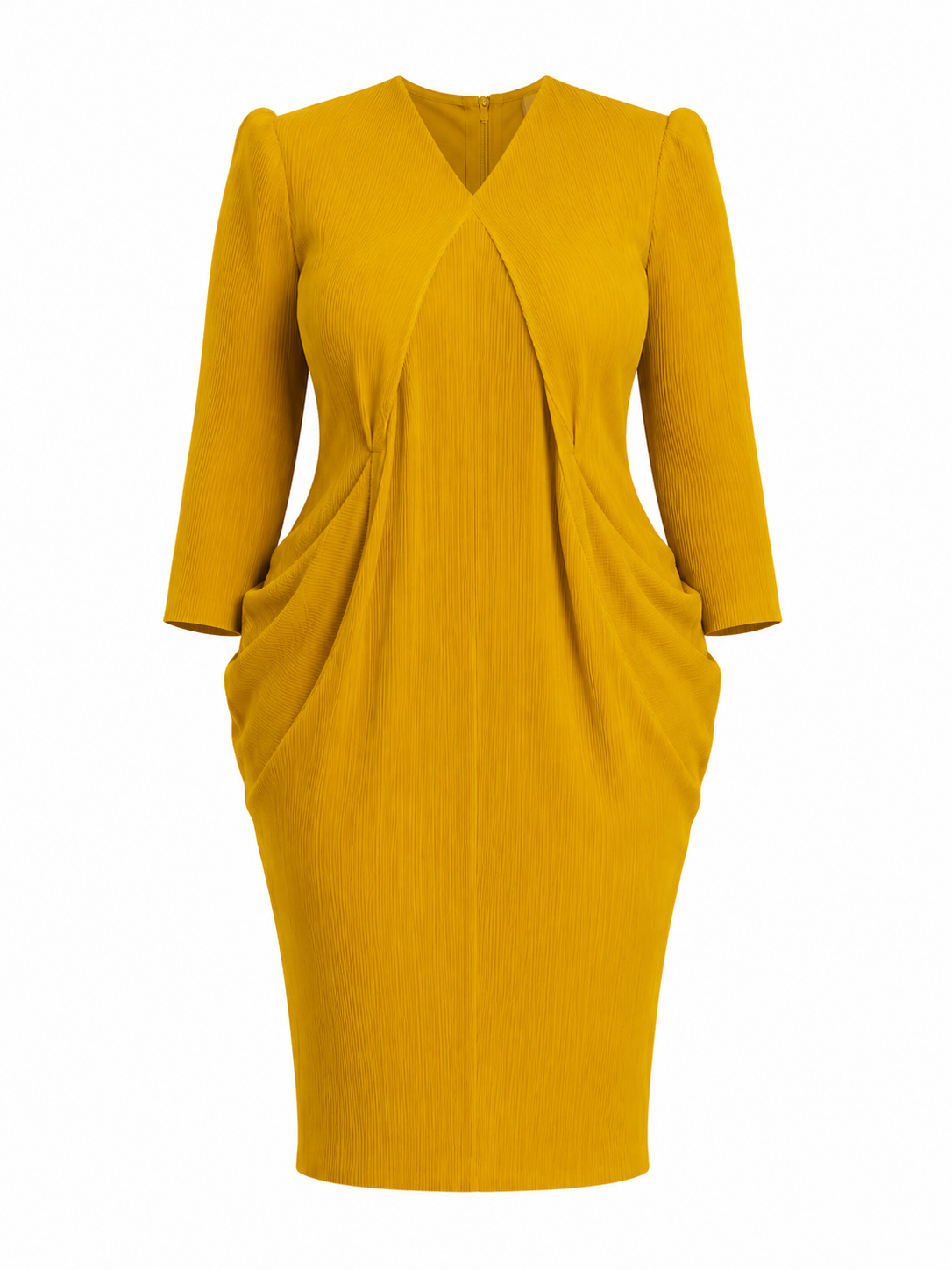 Luxury Textured Plissé Draped Midi Dress with V-Neck – Women's Elegant Occasion Dress - One Size