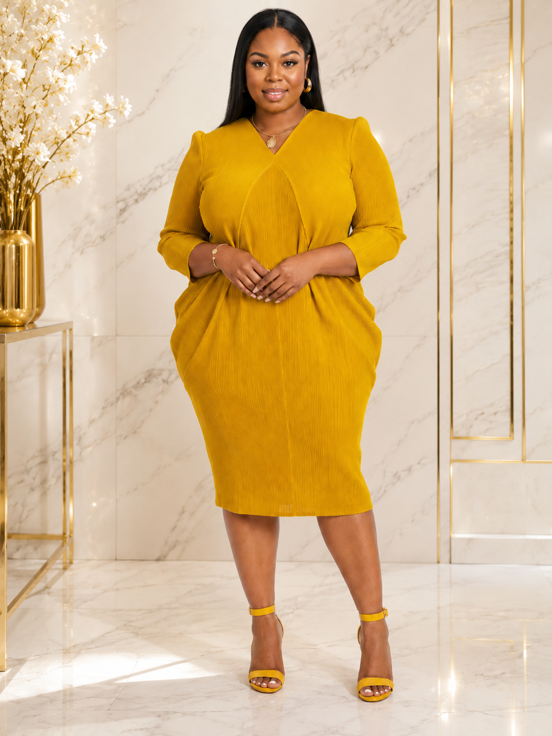Luxury Textured Plissé Draped Midi Dress with V-Neck – Women's Elegant Occasion Dress - One Size