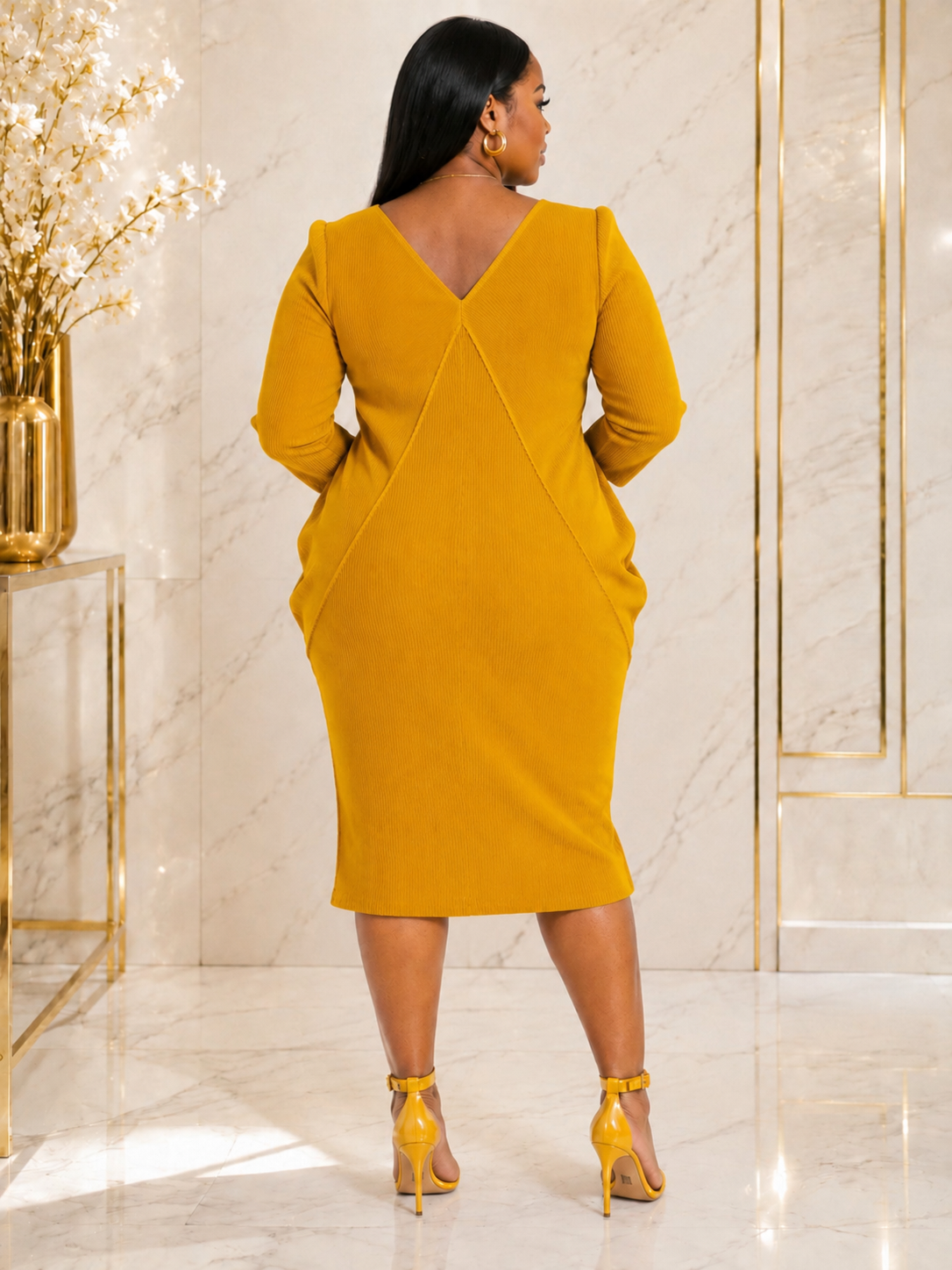 Luxury Textured Plissé Draped Midi Dress with V-Neck – Women's Elegant Occasion Dress - One Size