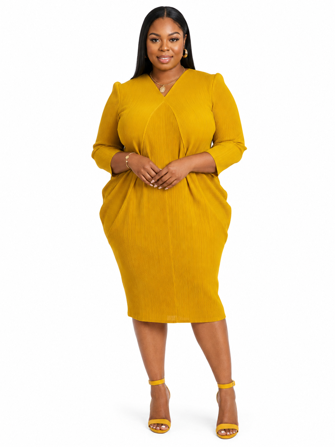 Luxury Textured Plissé Draped Midi Dress with V-Neck – Women's Elegant Occasion Dress - One Size
