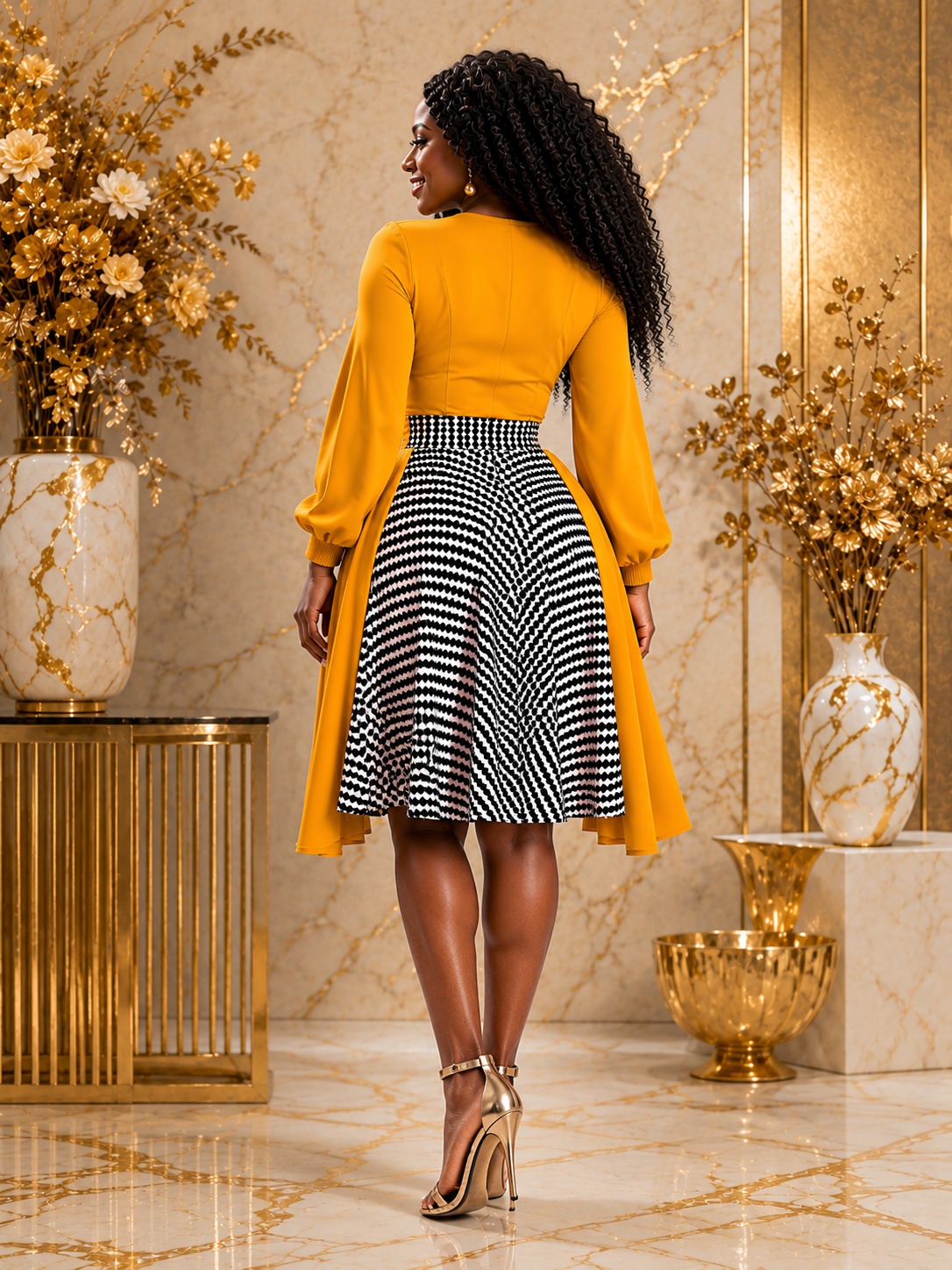 A woman stands with her back to the camera in an elegant interior, wearing a mustard yellow long-sleeve crop top with matching draped side panels and a black-and-white patterned pleated skirt. The room has gold-toned marble walls and floor, decorative gold vases, and gold high heels.