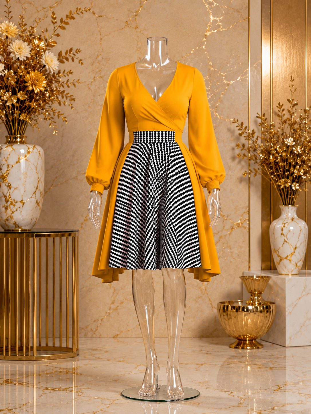 A yellow long-sleeve wrap-style dress with a black and white striped flared skirt, displayed on a clear mannequin in an elegant interior setting with gold-toned decor.