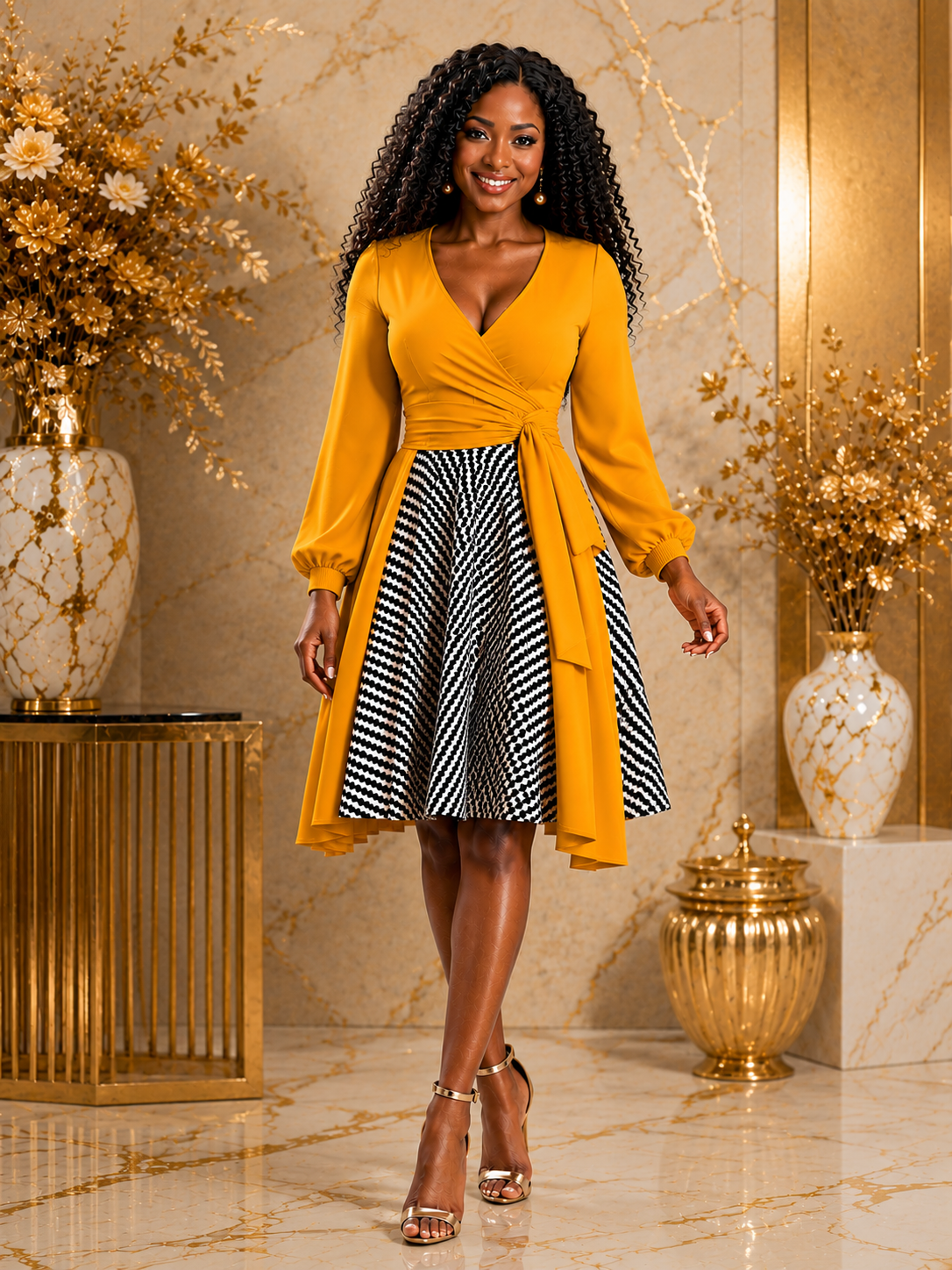 A woman modeling a mustard yellow wrap-style long-sleeve dress with a black and white striped skirt, standing in a decorated interior with gold-toned decor.