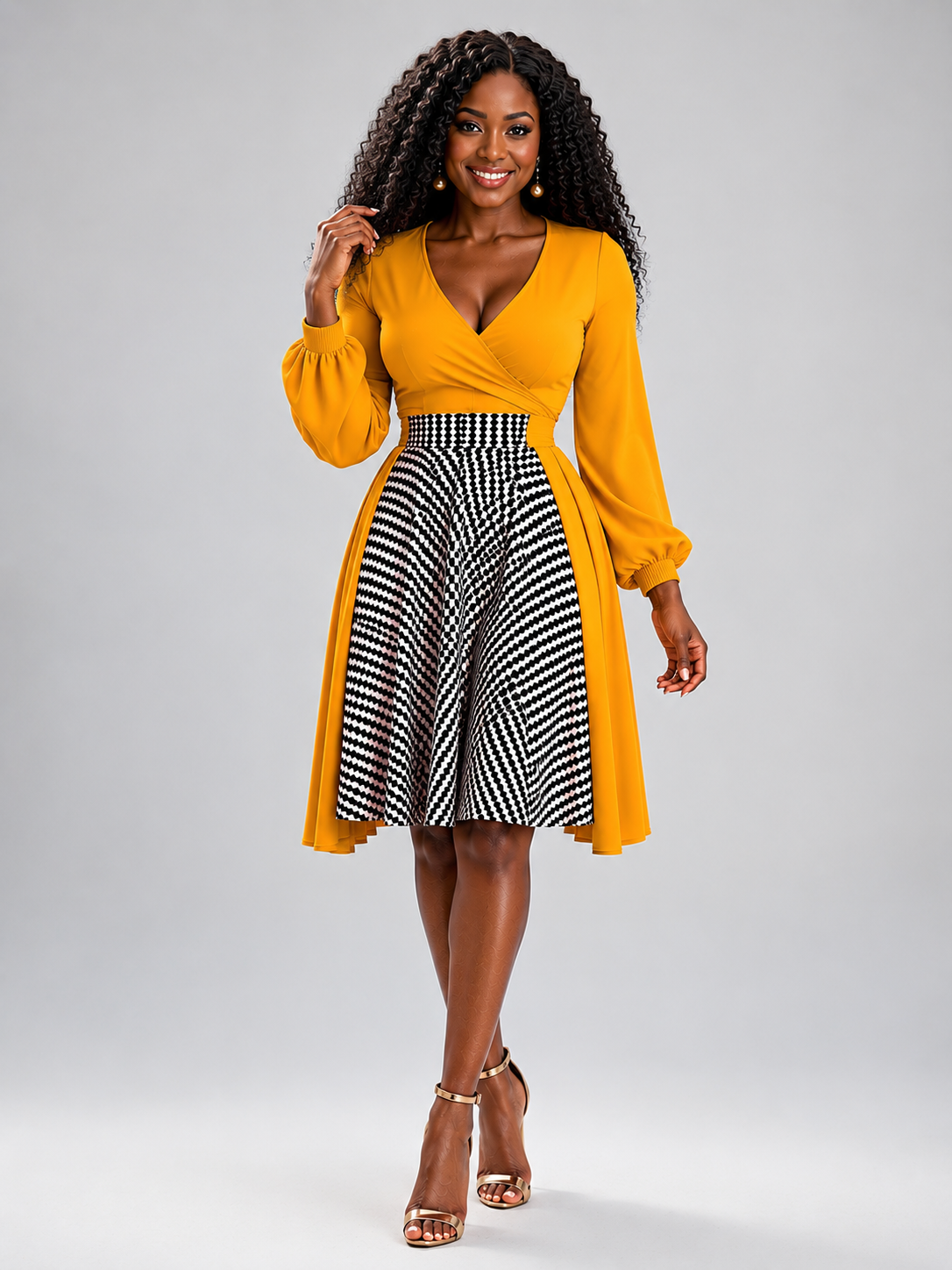 A woman modeling a yellow wrap-style dress with long puff sleeves and a black-and-white striped skirt, photographed against a light gray studio background.