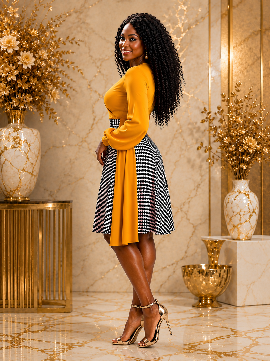 A woman modeling a mustard yellow long-sleeve top paired with a black and white chevron-patterned skirt, standing in a luxurious room with gold accents and marble floors.