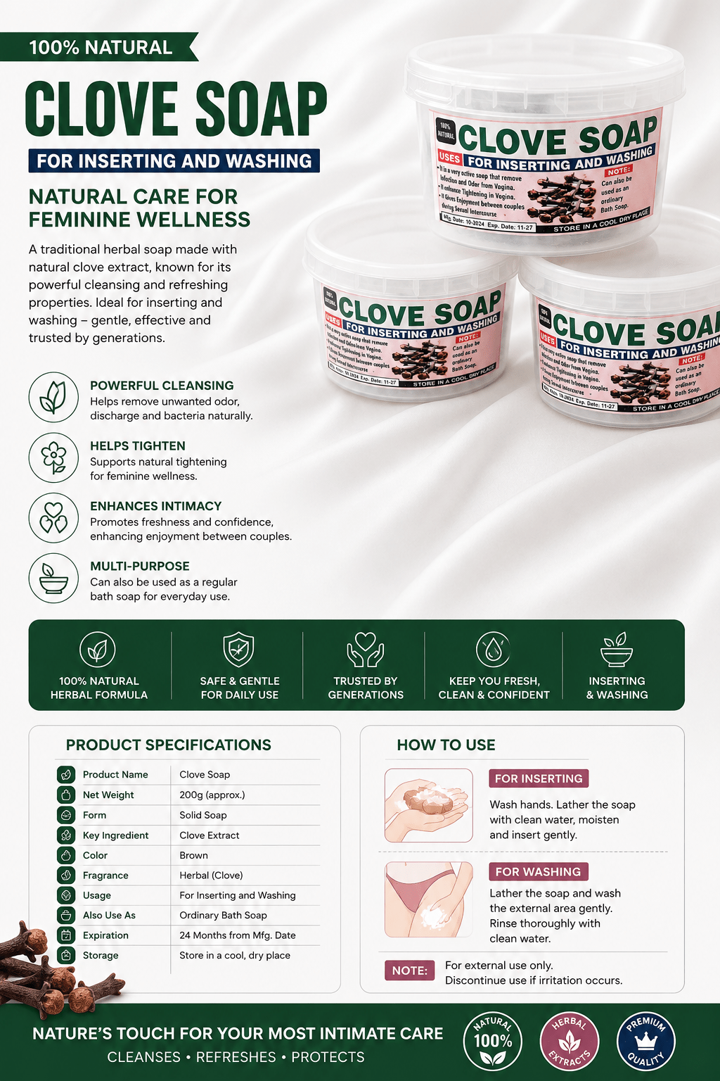 Natural Clove Soap – 100%Traditional Clove Intimate Cleansing & External Body Wash - 30g Jar - Herbal Soap - Cherubim Aura