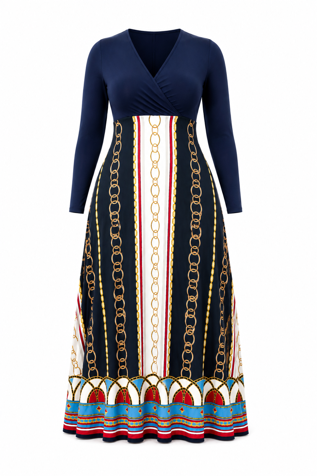 Chain Print High Waist Maxi Dress | Long Sleeve V-Neck Fit & Flare Dress