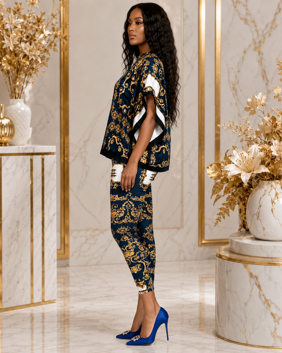 A woman models a matching navy blue and gold baroque-patterned two-piece set, consisting of a short-sleeve top and cropped pants, paired with royal blue high heels in an elegant marble-floored room with gold accents.
