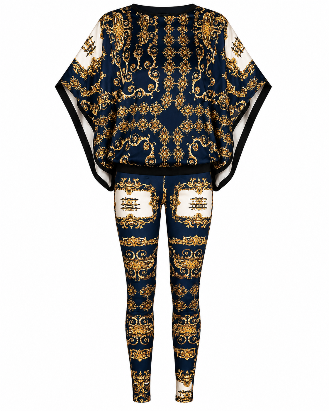 A matching two-piece set featuring a short-sleeve poncho-style top and leggings with an ornate gold baroque pattern on a dark navy blue background, with white accents on the sleeve cuffs and upper chest.